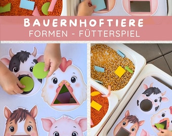 FUNOSSORI Farm Animal Feeding Game – Learning Shapes & Fine Motor Skills | Printable Sensory Game | PDF Learning Game for Children