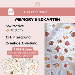 May include: A digital PDF set of memory picture cards featuring 36 motifs measuring 8x8 cm, one background design, and a two-page instruction guide. The cards display various illustrations including a kite, leaves, a ghost, a fox, and an owl.