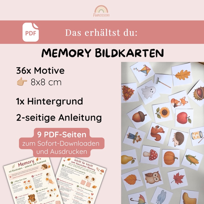 May include: A digital PDF set of memory picture cards featuring 36 motifs measuring 8x8 cm, one background design, and a two-page instruction guide. The cards display various illustrations including a kite, leaves, a ghost, a fox, and an owl.