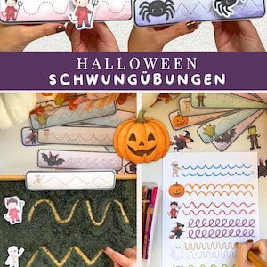 Könnte beinhalten: Halloween-Lernset mit Schwungübungs-Karten, die Figuren wie Teufel, Spinnen und Mumien zeigen, einem Sandtablett für taktile Schreibübungen sowie einem Arbeitsblatt mit farbigen Linienmustern und verschiedenen gruseligen Illustrationen.