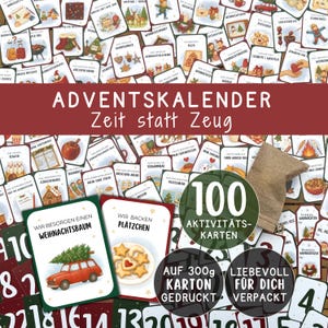 Könnte beinhalten: Ein Adventskalender-Set mit illustrierten Karten. Die Karten zeigen festliche Bilder und Texte, die Aktivitäten fördern. Der Text "ADVENTSKALENDER Zeit statt Zeug" ist prominent dargestellt. Ein runder Aufkleber zeigt "100 AKTIVITÄTS-KARTEN".