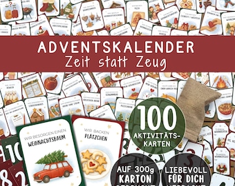 Adventskalender für Kinder Gedruckt | 100 Aktivitäten Karten auf Karton | Ideen ohne Schokolade | inkl. Zahlenkarten & Geschenk-Anhänger