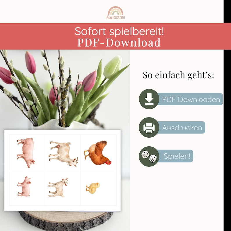 Puede incluir: Una hoja de juego PDF imprimible con seis ilustraciones de animales de granja, incluyendo un cerdo, una cabra y un pollo. El texto dice "Sofort spielbereit! PDF-Download" y "So einfach geht's: PDF Downloaden, Ausdrucken, Spielen!" con iconos de descarga, impresi&oacute;n y dados.