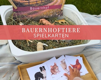 May include: A white plastic bin filled with hay and toy farm animals. A card with a farm scene is clipped to the bin. Below, a wooden tray holds illustrated cards of farm animals. The text "BAUERNHOFTIERE SPIELKARTEN" is visible.