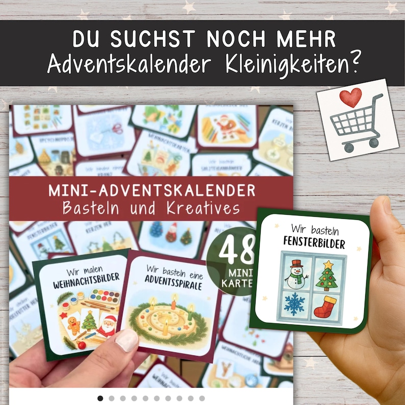 May include: A set of mini Advent calendar cards with the text "MINI-ADVENTSKALENDER Basteln und Kreatives". The cards feature illustrations for Christmas crafts, including painting and making window decorations. The set contains 48 mini cards.