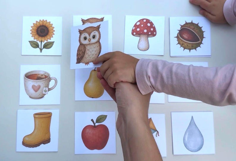 May include: A set of square educational cards featuring illustrations of a sunflower, an owl, a mushroom, a chestnut, a tea cup with a heart, a yellow pear, a yellow rain boot, a red apple, and a blue water droplet on a white background.