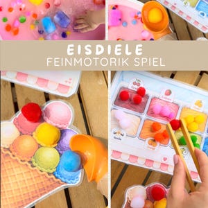 Könnte beinhalten: Ein Feinmotorik-Spiel Eisdiele mit einer bedruckten Eistüten-Karte, einem Sortiertablett mit Beschriftungen, bunten Pompons und einem Eisportionierer aus Kunststoff. Das Set enthält eine Holzpinzette zum Sortieren der Pompons in die Fächer.