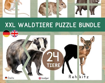 May include: A set of 24 large puzzle pieces featuring forest animals. The puzzle pieces are divided into two sections, with the top section showing a full-color image of the animal and the bottom section showing the animal's silhouette. The animals included are a mouse, a hare, a wild boar, a badger, and a fawn. The puzzle pieces are labeled in both English and German.