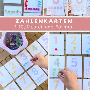 May include: A set of educational number cards labelled 1-10 with pastel-coloured numerals and corresponding ten-frame circles, accompanied by a star-shaped bowl filled with small, translucent, multi-coloured plastic gems for counting practice.
