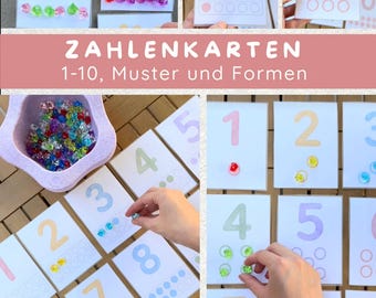 Montessori Number Cards 1–10 | Tens Grid & Dice Pattern | Learning Quantities | PDF Learning Game | Gemstones | Kindergarten Preschool