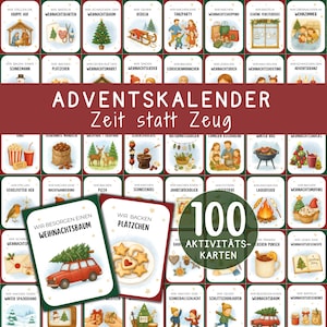 Puede incluir: Un conjunto de 100 tarjetas de actividades para la temporada de Adviento. Las tarjetas presentan ilustraciones de actividades temáticas navideñas, como hornear galletas, decorar un árbol y hacer ángeles de nieve. Se muestra el texto "Calendario de Adviento - Tiempo en lugar de cosas".