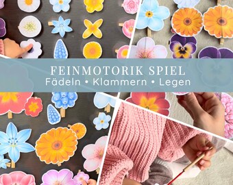 Fine Motor Skills Game Flowers for Children (PDF) | Montessori Learning Game Spring | Threading Clothespins Colors Sorting | Activity for Toddlers 2, 3, and 4 Years Old