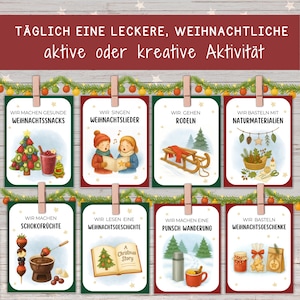 May include: A set of illustrated Christmas activity cards, each clipped to a string. The cards, with German text, depict various festive activities like making snacks, singing carols, sledding, and crafting. A cheerful, seasonal design.