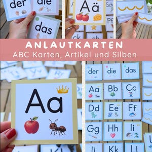 May include: A collection of educational flashcards featuring the German alphabet, articles, and syllables. Each square card displays a letter, a corresponding illustration like an apple or ant, and text including ANLAUTKARTEN, ABC Karten, Artikel und Silben.