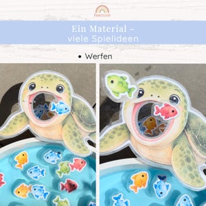 May include: A turtle-shaped game board with a large open mouth, featuring small colorful fish cutouts. The text reads "Ein Material - viele Spielideen" and "Werfen". The turtle is light green with dark spots, and the fish are orange, blue, red, and green.