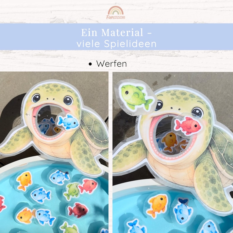 May include: A turtle-shaped game board with a large open mouth, featuring small colorful fish cutouts. The text reads "Ein Material - viele Spielideen" and "Werfen". The turtle is light green with dark spots, and the fish are orange, blue, red, and green.