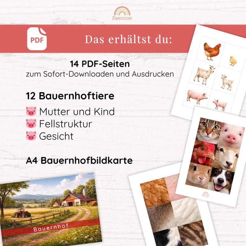 Puede incluir: Un documento PDF digital con 14 p&aacute;ginas de material educativo sobre el tema de la granja. El contenido incluye ilustraciones de 12 animales de granja, parejas de madre y cr&iacute;a, varias texturas de pelaje, caras de animales y un paisaje.