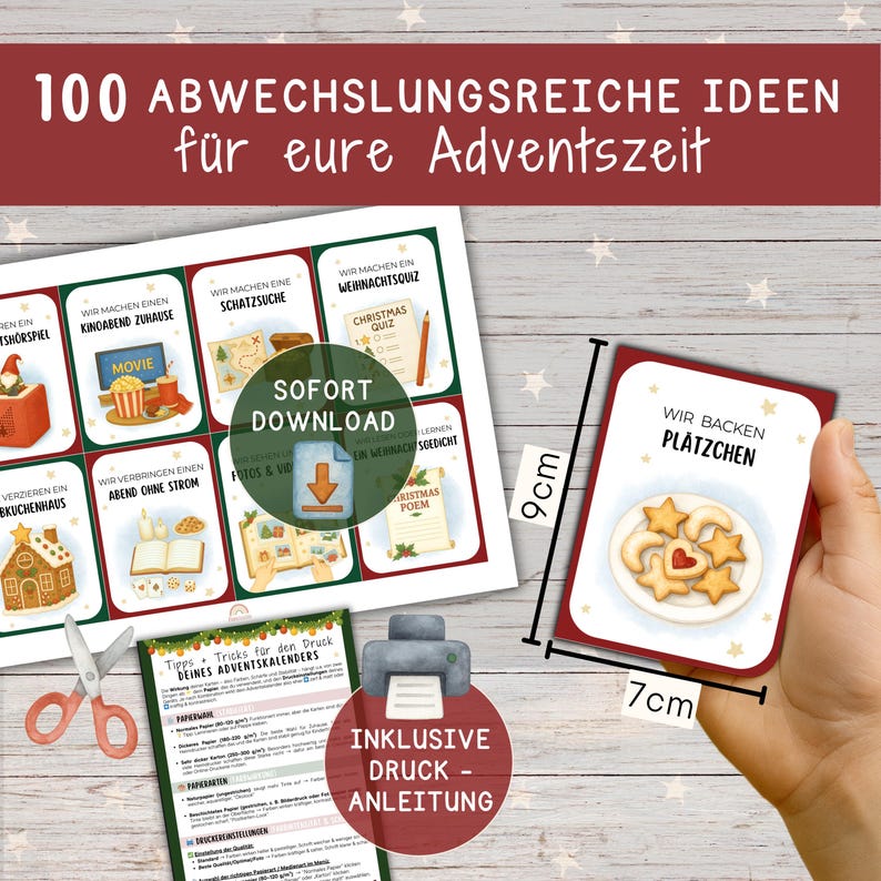 May include: A collection of Christmas activity cards, each 7 cm x 9 cm, with ideas for Advent. The cards feature illustrations and German text, including "Christmas Quiz" and "Bake Cookies". The image also includes scissors and a printer.