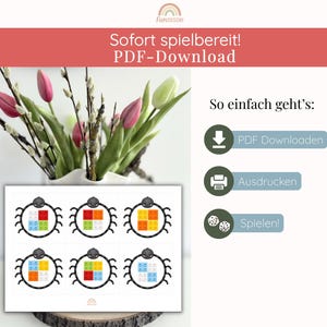 May include: A printable PDF featuring colorful block-like designs within spider outlines. The image includes text in German: "Sofort spielbereit! PDF-Download" and instructions: "PDF Downloaden", "Ausdrucken", and "Spielen!" A vase of tulips and pussy willow branches is in the background.