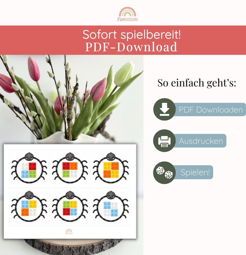 May include: A printable PDF featuring colorful block-like designs within spider outlines. The image includes text in German: "Sofort spielbereit! PDF-Download" and instructions: "PDF Downloaden", "Ausdrucken", and "Spielen!" A vase of tulips and pussy willow branches is in the background.