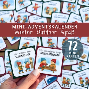 Può includere: Un set di 72 mini carte per un calendario dell'Avvento invernale all'aperto. Le carte presentano illustrazioni di bambini in abiti invernali impegnati in varie attività all'aperto. Il testo "MINI-ADVENTSKALENDER Winter Outdoor Spaß" è visualizzato.