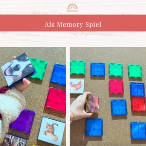 Puede incluir: Un conjunto de baldosas magn&eacute;ticas cuadradas con piezas de pl&aacute;stico transl&uacute;cido de colores azul, verde, rojo y morado, junto a baldosas impresas con im&aacute;genes de animales como un perro, un gato y un pollo, con el texto Als Memory Spiel.