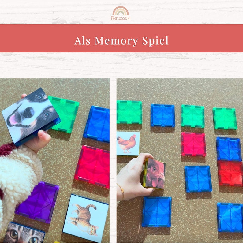 Puede incluir: Un conjunto de baldosas magn&eacute;ticas cuadradas con piezas de pl&aacute;stico transl&uacute;cido de colores azul, verde, rojo y morado, junto a baldosas impresas con im&aacute;genes de animales como un perro, un gato y un pollo, con el texto Als Memory Spiel.