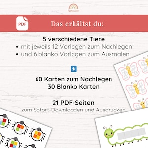 May include: A digital download with the text "Das erh&auml;ltst du:" and "FunOssori" at the top. The image lists 5 different animals, 60 cards, 30 blank cards, and 21 PDF pages. There are illustrations of a butterfly, a caterpillar, and a ladybug.