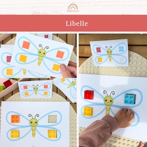 May include: White cards with a butterfly design, featuring a yellow and green body, blue wing outlines, and colorful square accents. The word "Libelle" is displayed on a red banner. The cards are placed on a light-colored surface.