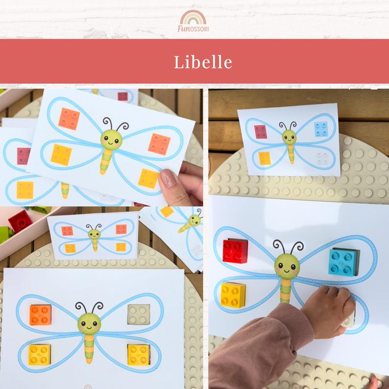 May include: White cards with a butterfly design, featuring a yellow and green body, blue wing outlines, and colorful square accents. The word "Libelle" is displayed on a red banner. The cards are placed on a light-colored surface.