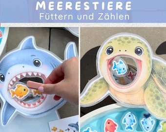 Alimentar y contar criaturas marinas | Aprender los números del 1 al 10 | Juego de aprendizaje Montessori | Juego acuático de verano | Comprender cantidades | Descarga en PDF para matemáticas de jardín de infancia