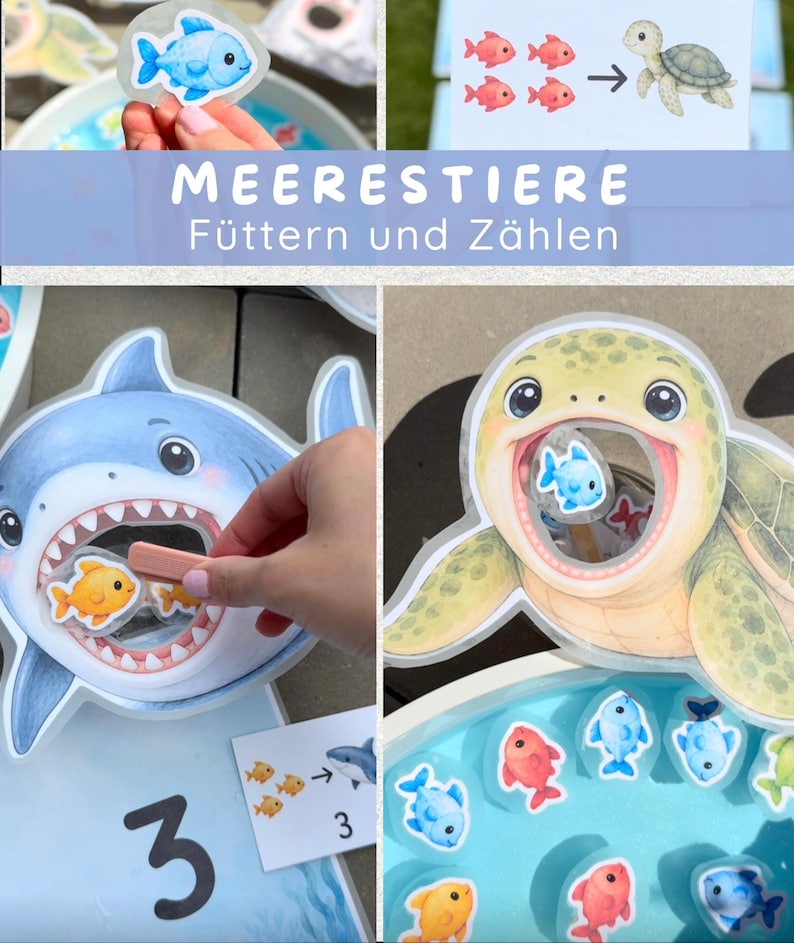 May include: A children's educational game titled MEERESTIERE F&uuml;ttern und Z&auml;hlen featuring cutouts of a shark and a sea turtle with open mouths. The set includes small colorful fish tokens and counting cards showing fish illustrations and numbers.