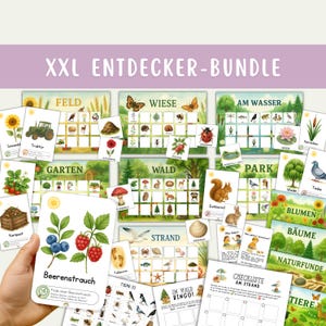 Puede incluir: Un conjunto de tarjetas educativas con ilustraciones de escenas de la naturaleza, incluyendo campos, jardines y bosques. Las tarjetas presentan imágenes de plantas, animales e insectos, con texto en alemán. El título "XXL ENTDECKER-BUNDLE" se muestra en la parte superior.