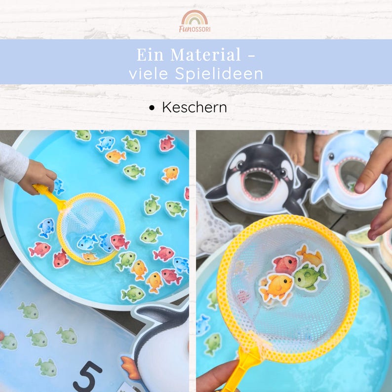 May include: A yellow plastic net used for catching small, colorful fish-shaped cutouts floating in a round blue basin. The set includes various fish illustrations and larger sea creature cutouts with open mouths, labeled with the text Ein Material - viele Spielideen and Kescher.