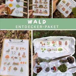 Könnte beinhalten: Ein Wald-Entdecker-Paket bestehend aus mehreren bedruckten Aktivitätskarten mit deutschem Text, darunter eine Checkliste, Farbsuchspiele und sensorische Aufgaben, ergänzt durch einen weißen Eierkarton als Sammelbehälter für Naturmaterialien.