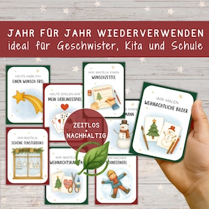 May include: A set of illustrated Christmas activity cards. The cards feature images of drawing, crafting, and making snow angels. Text on the cards includes phrases like "Make a wish" and "Christmas pictures". The cards are held in a hand.