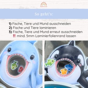 May include: A set of instructional graphics for a craft project featuring a light blue dolphin and a black and white orca, each with a cutout mouth. The text reads: So geht's: 1) Fische, Tiere und Mund ausschneiden 2) Fische und Tiere laminieren 3) Fische, Tiere und Mund erneut ausschneiden !! mind. 5mm Laminierfolienrand lassen.