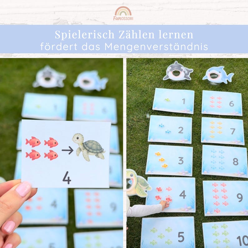 May include: Educational number cards featuring sea creatures and counting sequences from one to ten. The cards display colorful illustrations of fish and turtles alongside numerals. The text "Spielerisch Z&auml;hlen lernen f&ouml;rdert das Mengenverst&auml;ndnis" is visible at the top.