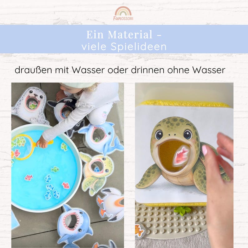 May include: A set of sea animal cutouts with open mouths, including a seal, whale, turtle, and shark, alongside a round basin filled with blue water and small fish figures. Text reads: Funossori, Ein Material - viele Spielideen, drau&szlig;en mit Wasser oder drinnen ohne Wasser.