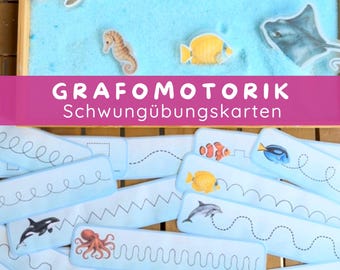 Habilidades grafomotoras en el mar | Ejercicios de escritura preescolar | Habilidades motoras finas y preparación para la escritura | Material imprimible Montessori | 24 tarjetas + 12 ideas de juegos
