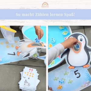 May include: A children's educational counting game featuring a pelican and a penguin cutout, each with an open mouth for feeding small fish tokens. The set includes cards with numbers and fish illustrations, plus a blue water basin and a yellow net.