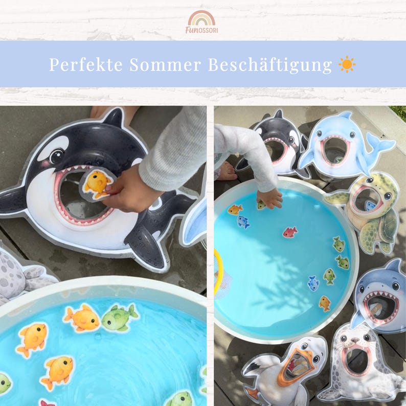 May include: A water play set featuring a round white basin filled with blue water and small floating fish cutouts. Surrounding the basin are various animal-shaped targets including an orca, dolphin, sea turtle, shark, pelican, and seal.