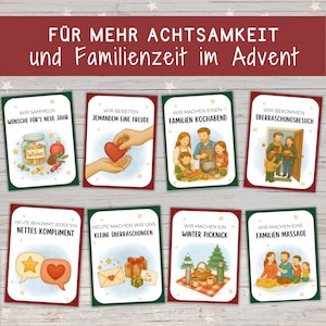 May include: A collection of eight illustrated cards with red and green borders, promoting family activities. The cards feature German text, including phrases like "Wir machen einen Familien Kochabend" and "Wir bekommen &Uuml;berraschungsbesuch."
