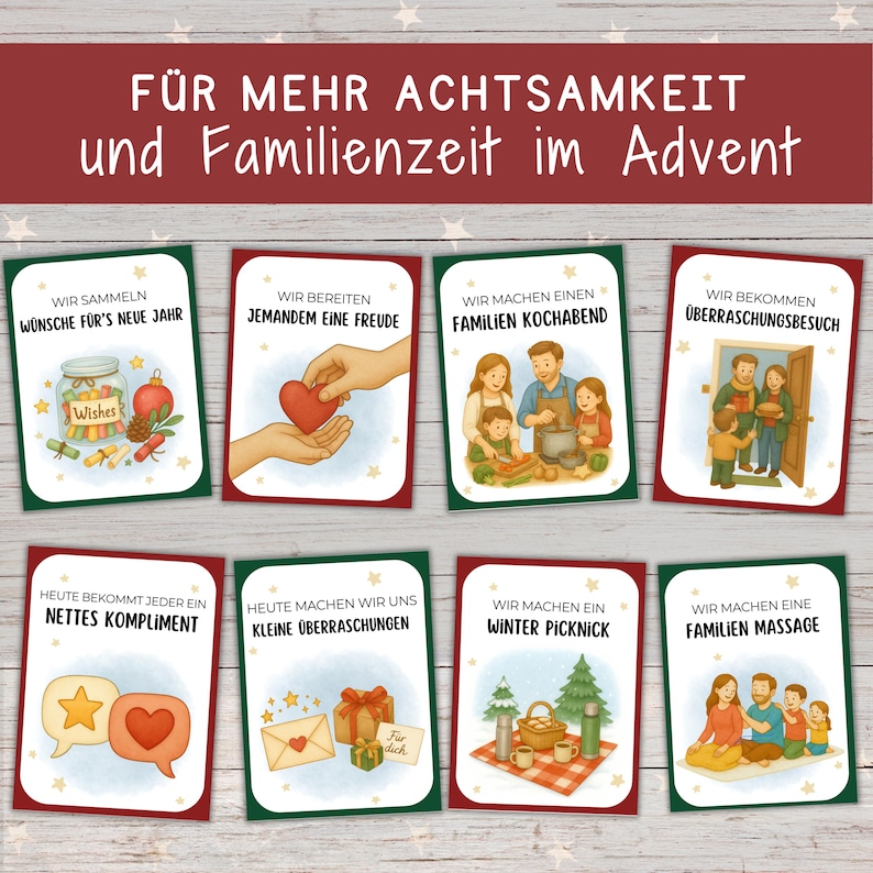 May include: A collection of eight illustrated cards with red and green borders, promoting family activities. The cards feature German text, including phrases like "Wir machen einen Familien Kochabend" and "Wir bekommen &Uuml;berraschungsbesuch."