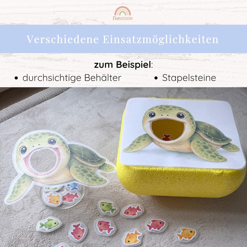 May include: A turtle-themed game set featuring two turtle cutouts with open mouths, a yellow foam container, and several small, colorful fish-shaped tokens in red, orange, green, and pink. The text reads: Verschiedene Einsatzm&ouml;glichkeiten zum Beispiel: durchsichtige Beh&auml;lter Stapelsteine.