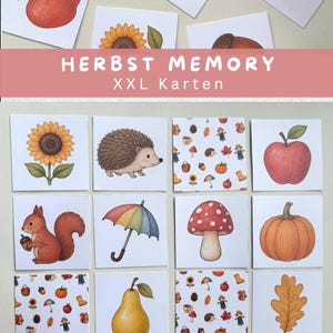 Könnte beinhalten: Ein Set quadratischer Memory-Spielkarten mit Illustrationen herbstlicher Motive wie Sonnenblume, Igel, Apfel, Eichhörnchen, Regenbogen-Regenschirm, Pilz, Kürbis, Birne und Eichenblatt, inklusive eines Banners mit der Aufschrift HERBST MEMORY XXL Karten.
