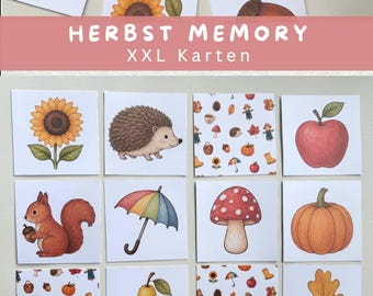 Autumn Memory Game for Children | XXL Memory Cards 8 x 8 cm | Forest Animals & Autumn Motifs | Educational Game for Toddlers | Printable PDF Picture Cards