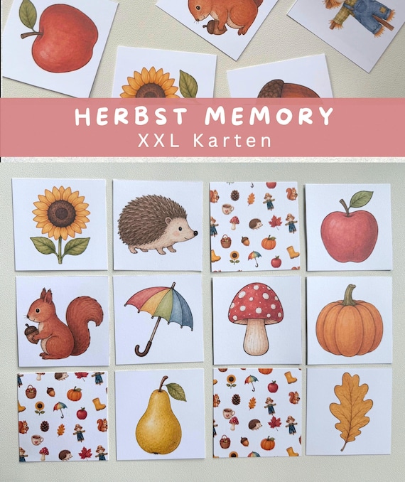 Herbst Memory für Kinder | XXL Memorykarten 8 × 8 cm | Waldtiere & Herbstmotive | Lernspiel Kleinkinder | PDF zum Ausdrucken Bildkarten