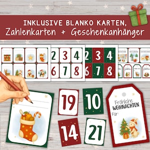 May include: A collection of Christmas cards and gift tags. The set includes number cards, blank cards, and gift tags with festive illustrations. The text on the tags reads "Fr&ouml;hliche Weihnachten" and "F&uuml;r:" in German. The cards feature a variety of holiday designs.