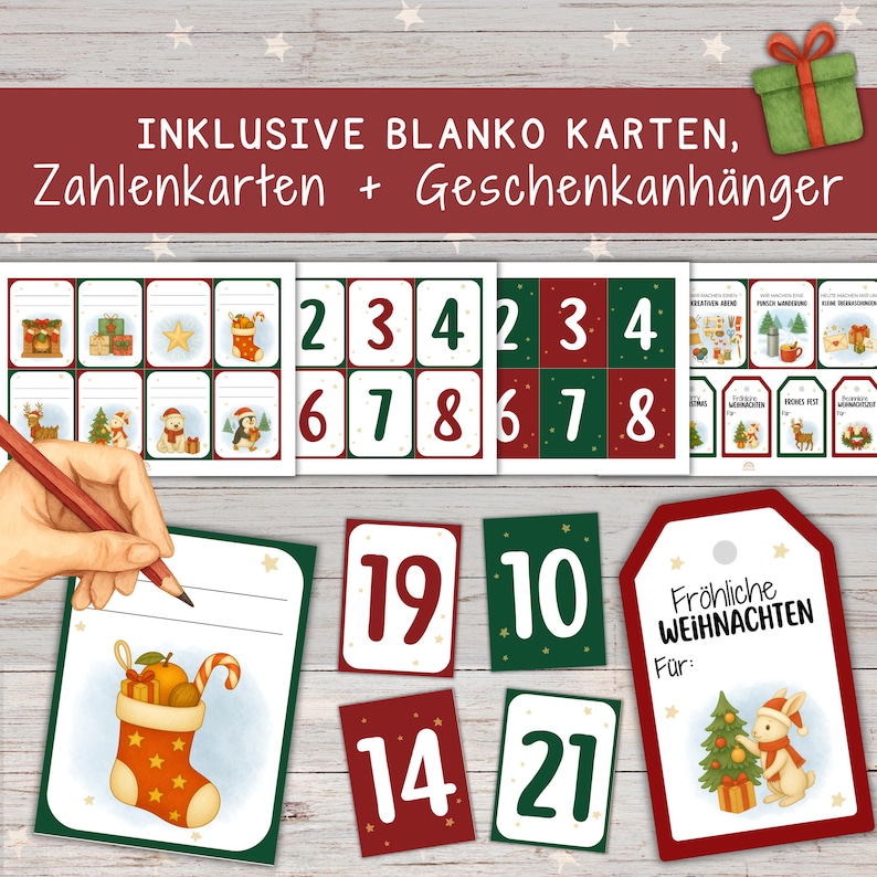 May include: A collection of Christmas cards and gift tags. The set includes number cards, blank cards, and gift tags with festive illustrations. The text on the tags reads "Fr&ouml;hliche Weihnachten" and "F&uuml;r:" in German. The cards feature a variety of holiday designs.